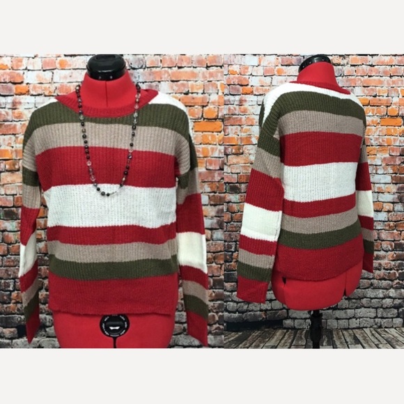 🎈Sold🎈Bright Red & Olive Stripe Cozy Side Slit Sweater (S) - Picture 2 of 12